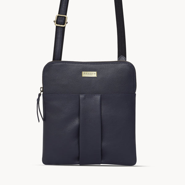 'ELSIE' Navy Pebble Grain Leather Zip Top Crossbody Bag