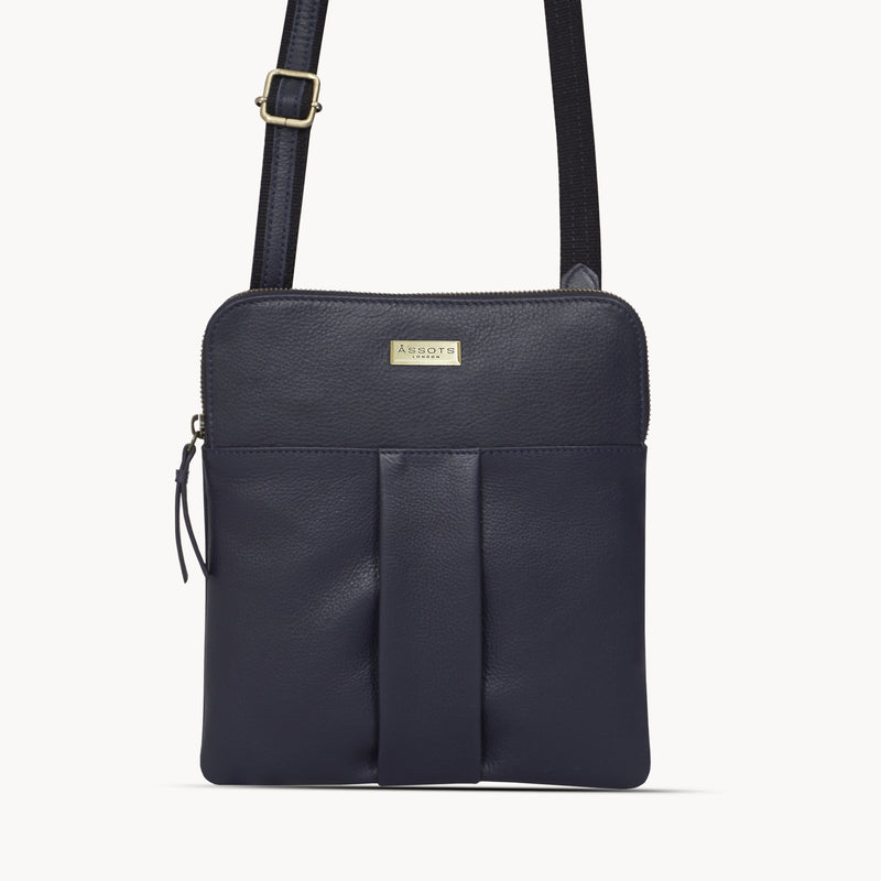 'ELSIE' Navy Pebble Grain Leather Zip Top Crossbody Bag