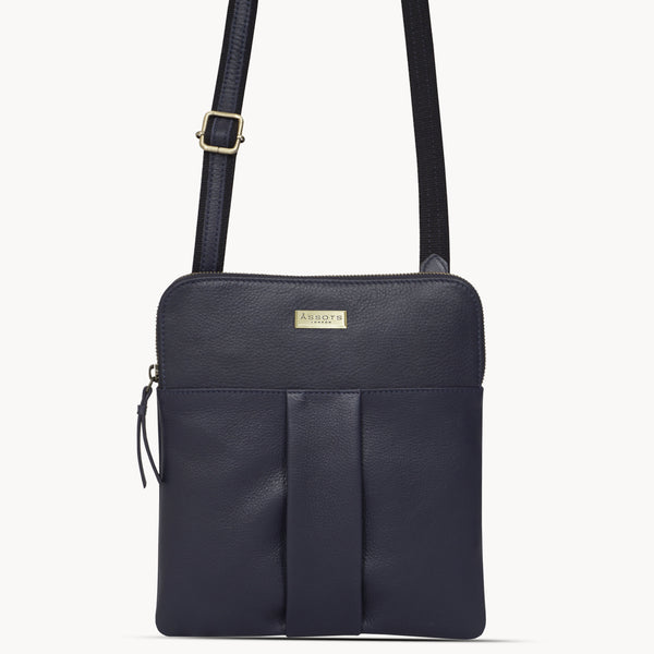 'ELSIE' Navy Pebble Grain Leather Zip Top Crossbody Bag