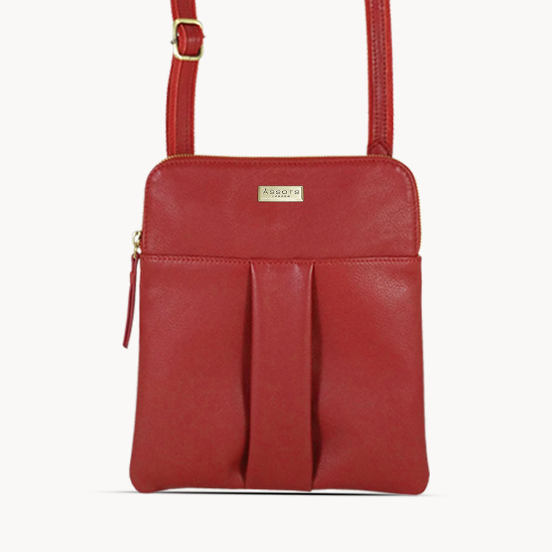 'ELSIE' Paprika Red Pebble Grain Leather Zip Top Crossbody Bag