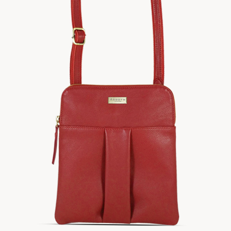 'ELSIE' Paprika Red Pebble Grain Leather Zip Top Crossbody Bag