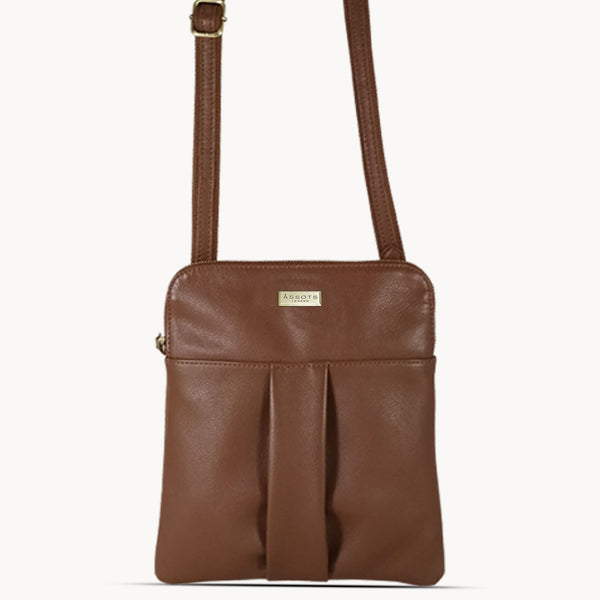 'ELSIE' Tan Pebble Grain Leather Zip Top Crossbody Bag