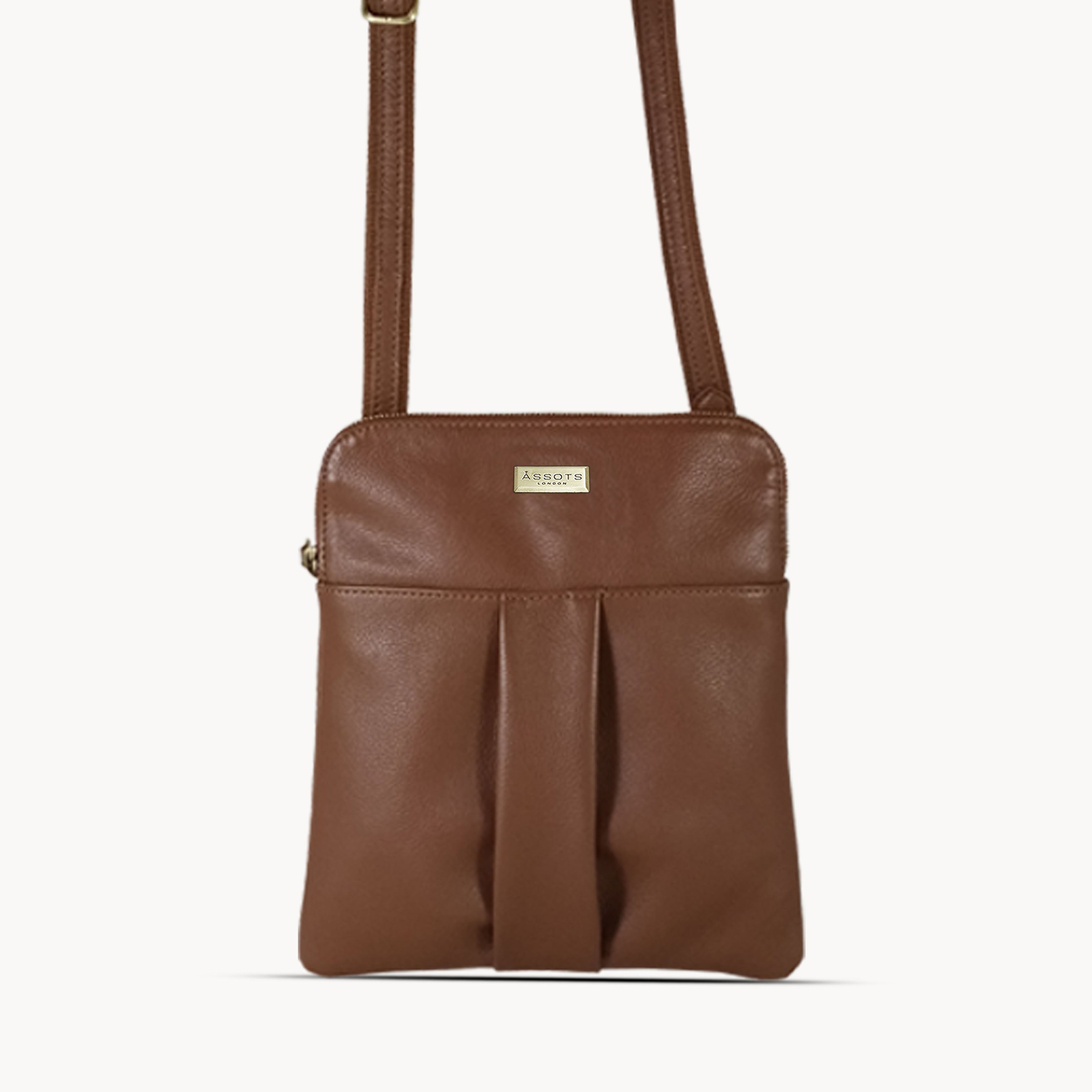 'ELSIE' Tan Pebble Grain Leather Zip Top Crossbody Bag