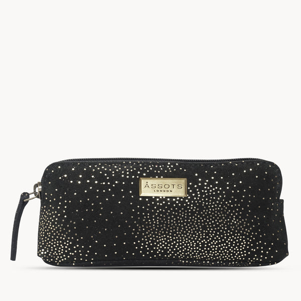 'EMILY' Small Black & Yellow Gold Sparkle Leather MakeUp Bag