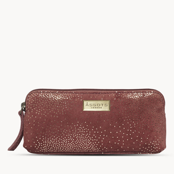 'EMILY' Small Maroon Red & Yellow Gold Sparkle Leather MakeUp Bag