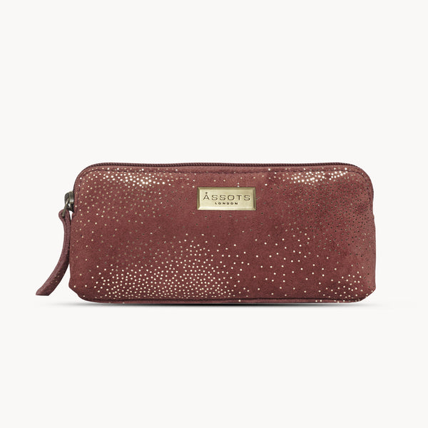 'EMILY' Small Maroon Red & Yellow Gold Sparkle Leather MakeUp Bag