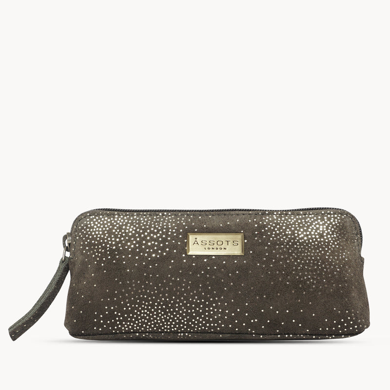 'EMILY' Small Olive & Yellow Gold Sparkle Leather MakeUp Bag