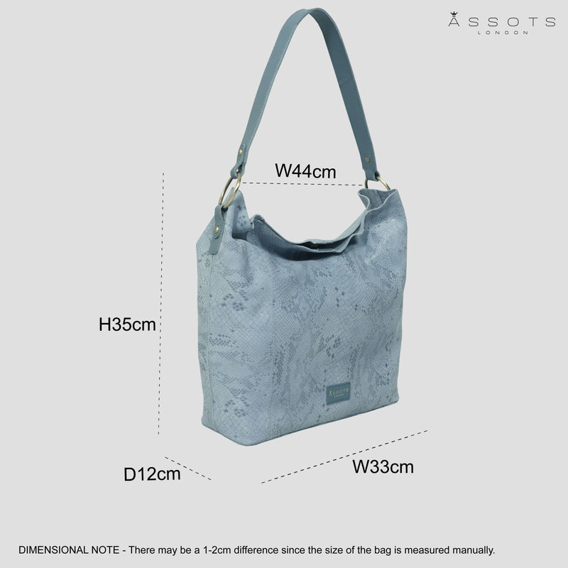 'Esme' Baby Blue Python Snake Real Leather Slouchy Hobo Bag