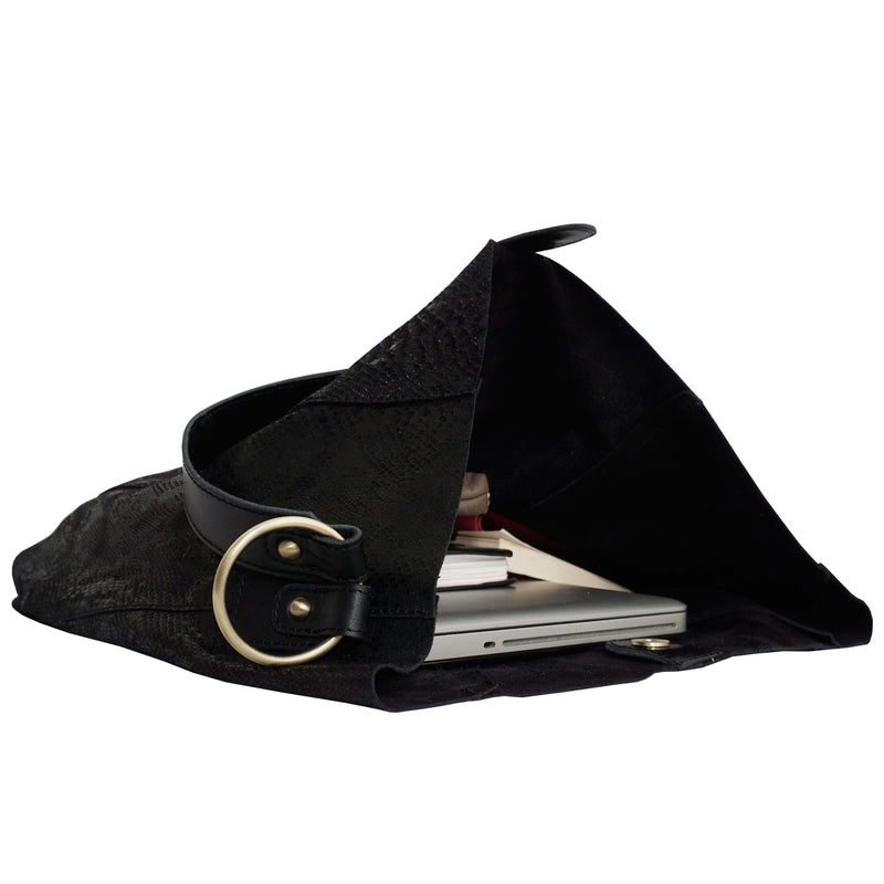 'Esme' Black Python Snake Real Leather Slouchy Hobo Bag