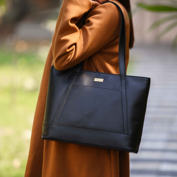 'EVELYN' Black Polished VT Real Leather Designer Tote Work Bag