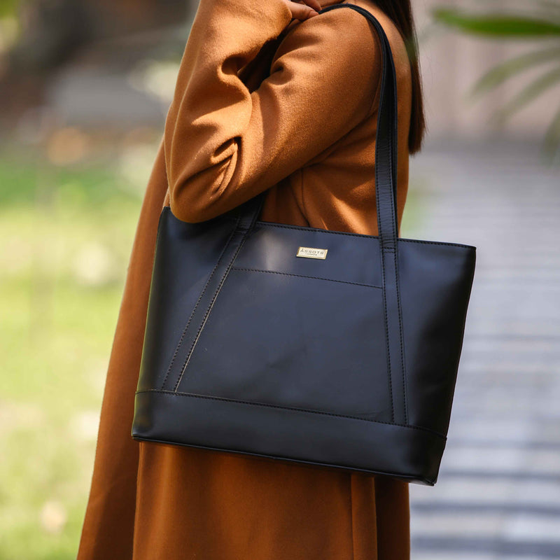 'EVELYN' Black Polished VT Real Leather Designer Tote Work Bag