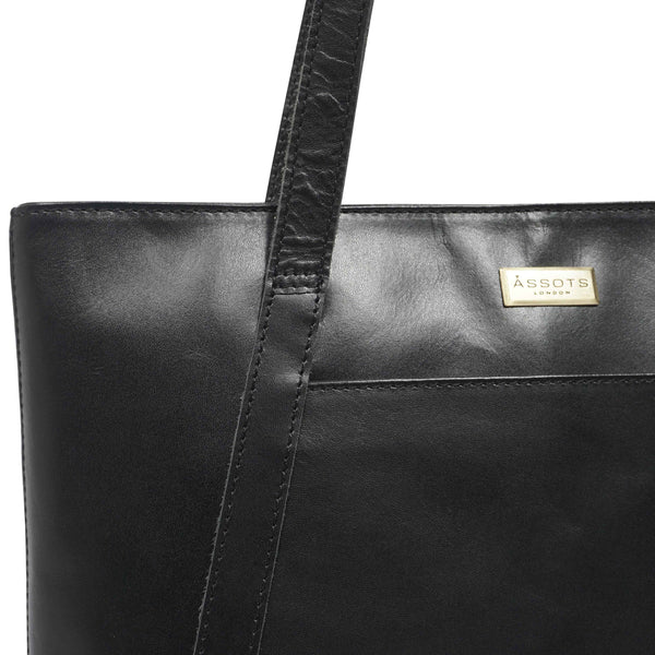 'EVELYN' Black Polished VT Real Leather Designer Tote Work Bag