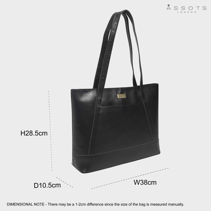 'EVELYN' Black Polished VT Real Leather Designer Tote Work Bag