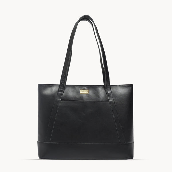 'EVELYN' Black Polished VT Real Leather Designer Tote Work Bag