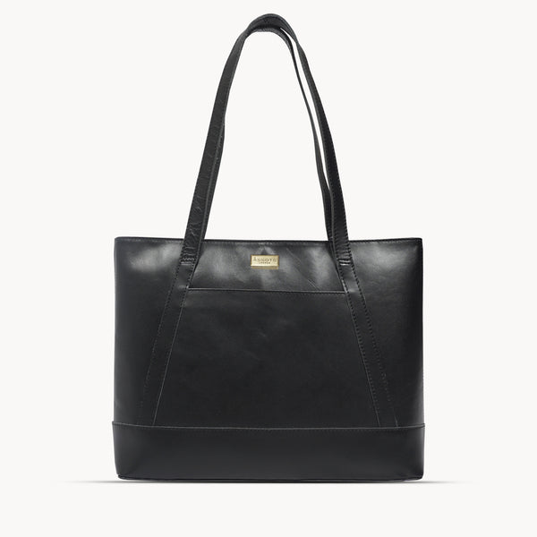 'EVELYN' Black Polished VT Real Leather Designer Tote Work Bag