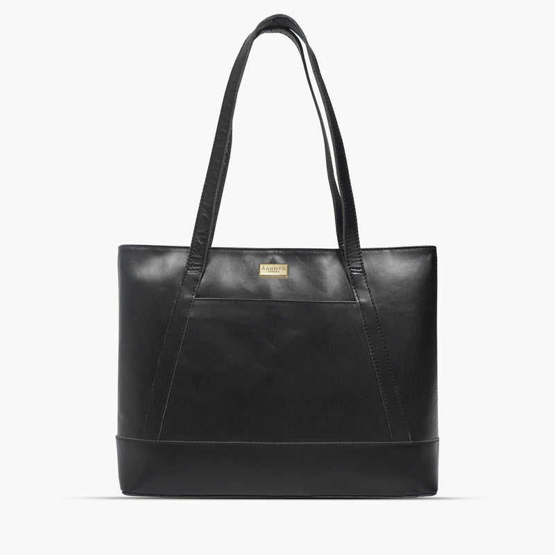 'EVELYN' Black Polished VT Real Leather Designer Tote Work Bag