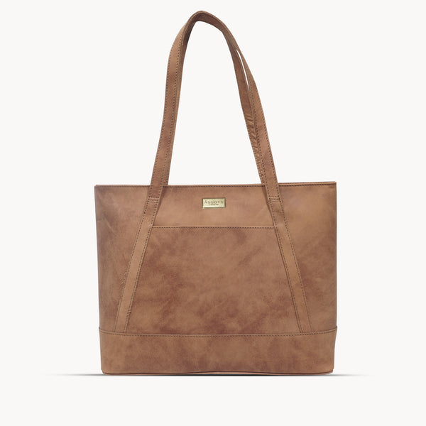 'EVELYN' Tan Walnut Real Distressed Leather Designer Tote Work Bag