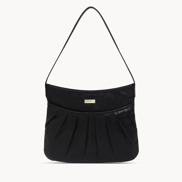 'EVIE' Black Pleated Real Leather Natural Grain Shoulder Bag