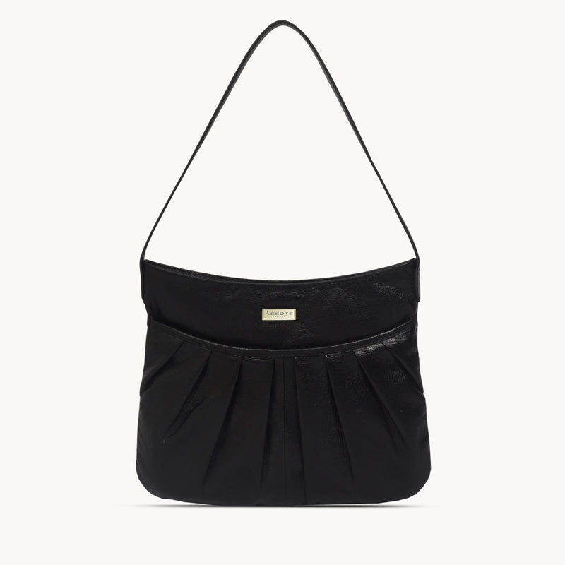 'EVIE' Black Pleated Real Leather Natural Grain Shoulder Bag