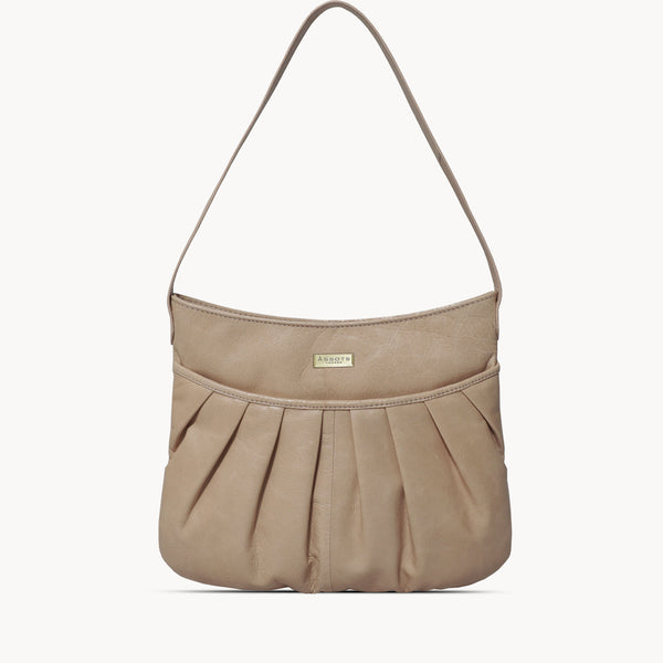 'EVIE' Nude Pleated Real Leather Natural Grain Shoulder Bag