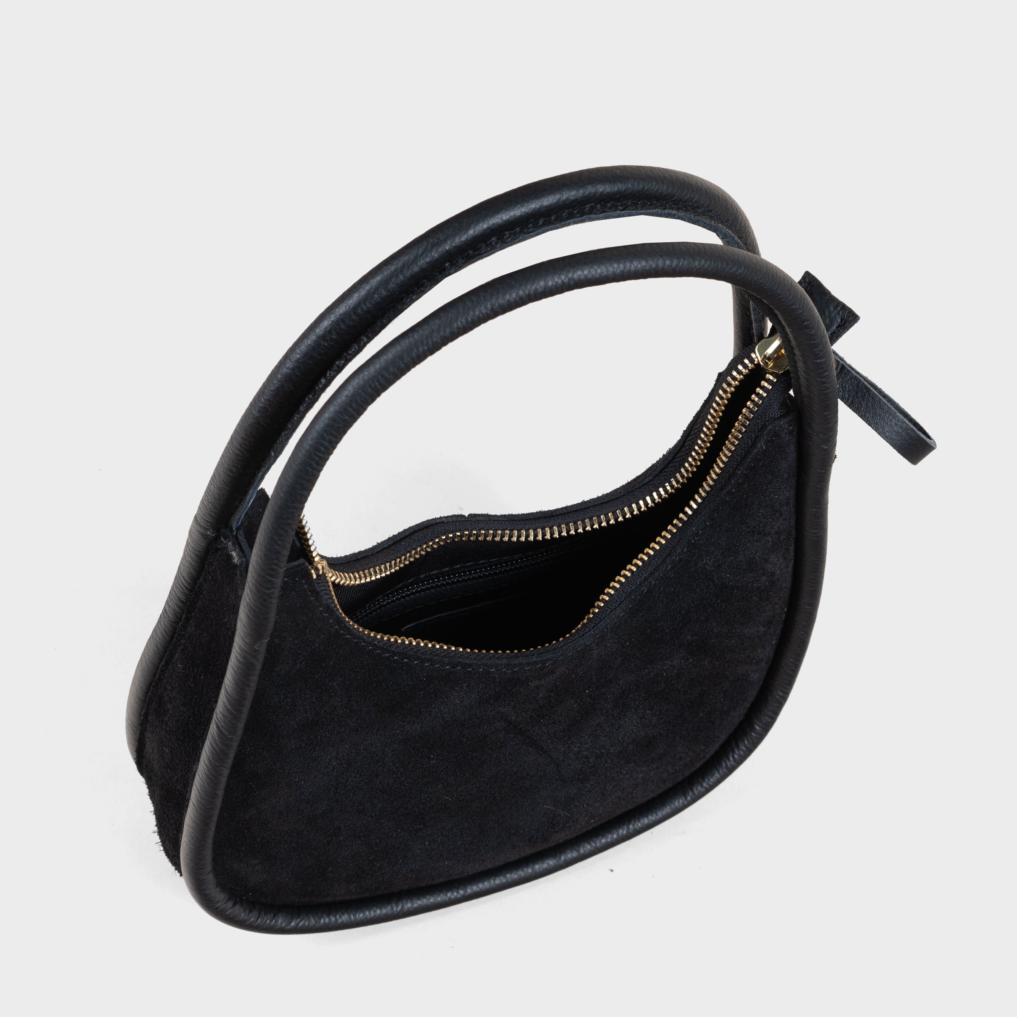 'FAYE' Black Suede Real Leather Shoulder Mini Grab Bag