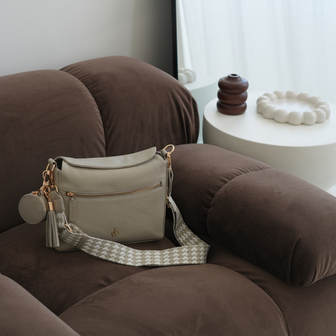 'FIONA' Fog Grey Pebble Grain Real Leather Shoulder Bag