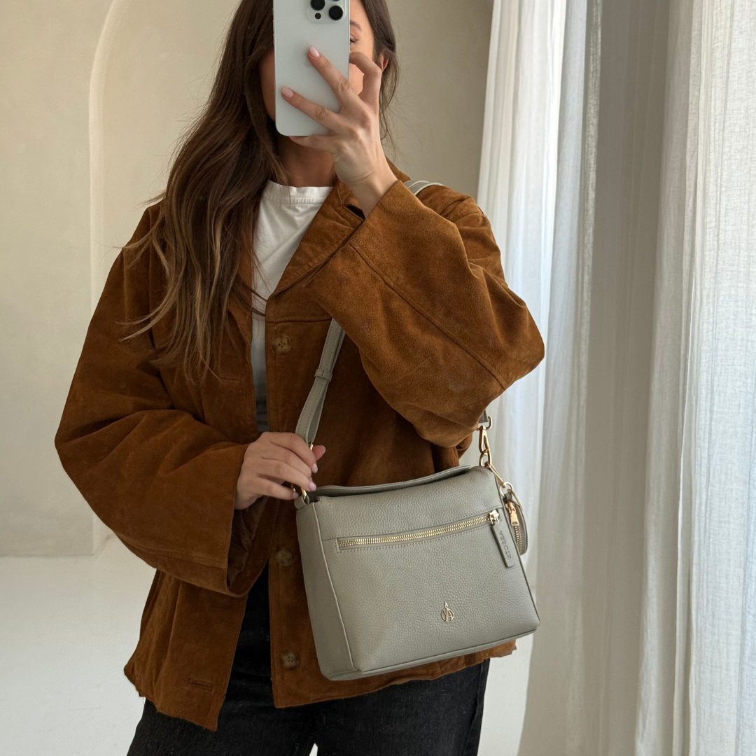 'FIONA' Fog Grey Pebble Grain Real Leather Shoulder Bag