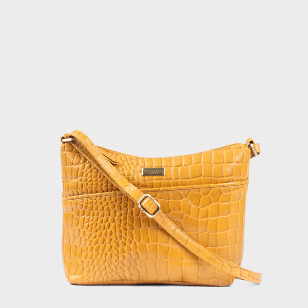 'CAROL' Mustard Croc Real Leather Designer Crossbody Shoulder Bag