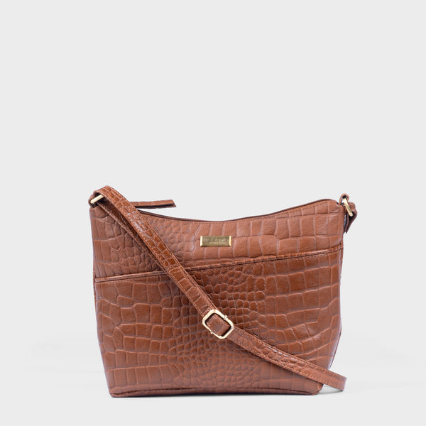 'CAROL' Tan Croc Real Leather Designer Crossbody Shoulder Bag