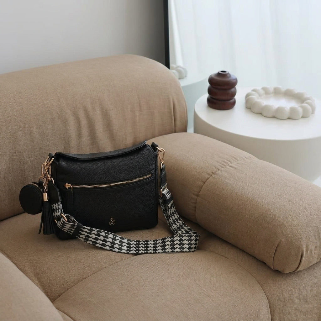 'FIONA' Black Pebble Grain Real Leather Shoulder Bag