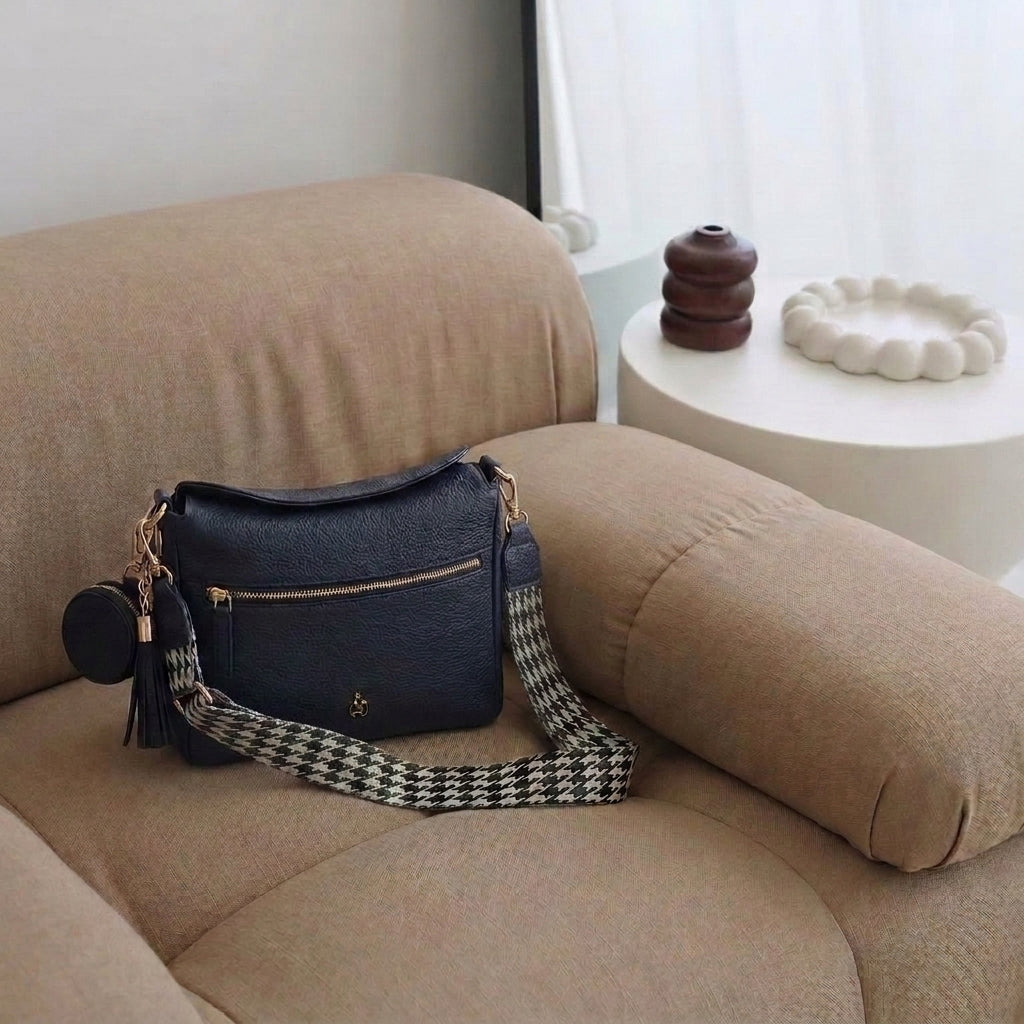 'FIONA' Navy Pebble Grain Real Leather Shoulder Bag