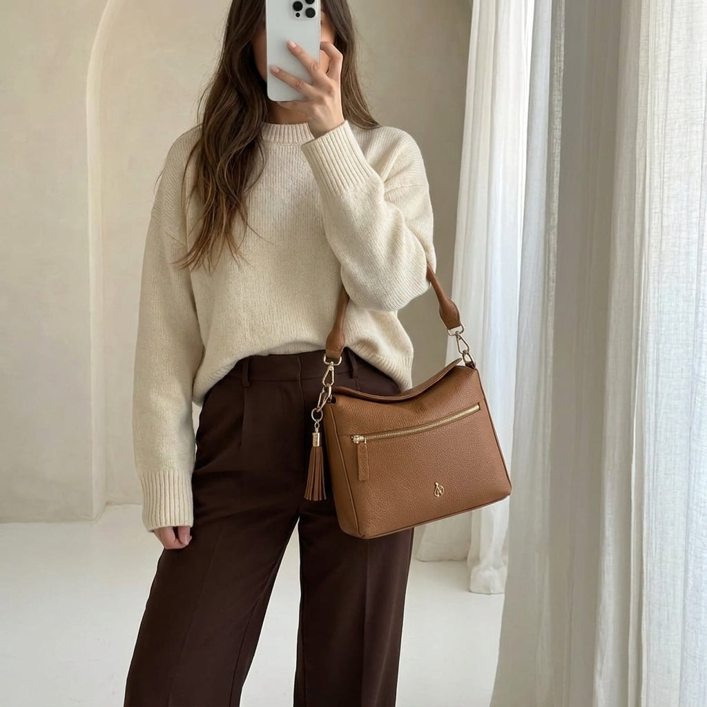 'FIONA' Tan Pebble Grain Real Leather Shoulder Bag
