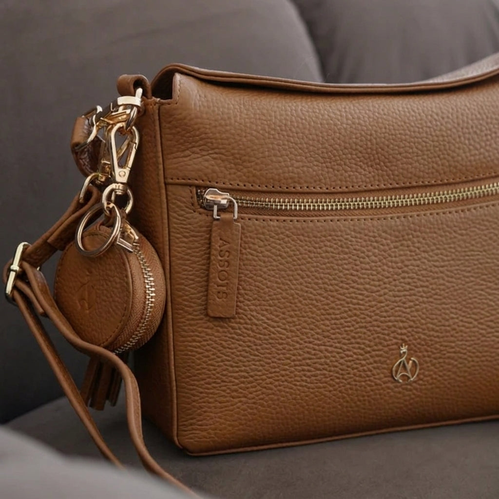 'FIONA' Tan Pebble Grain Real Leather Shoulder Bag