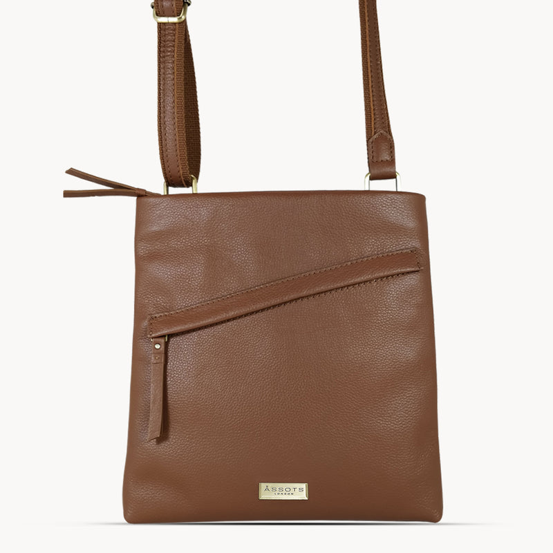'FLORENCE' Tan Pebble Grain Leather Crossbody Sling Bag