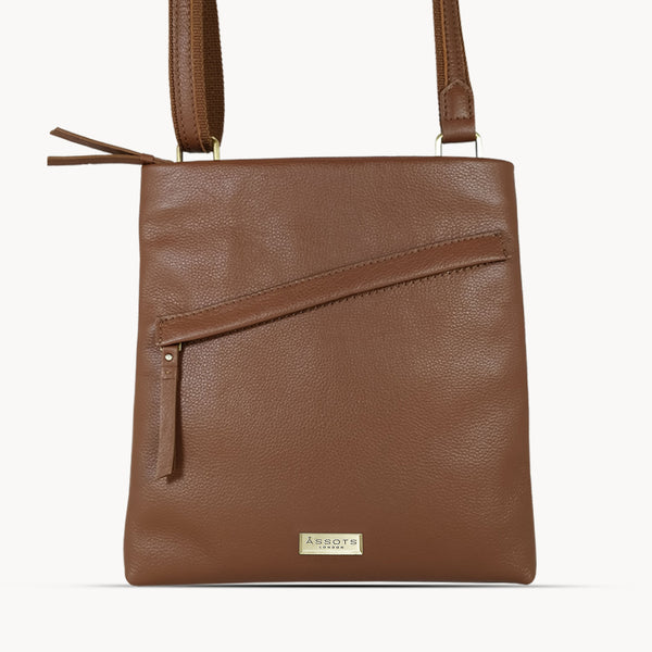 'FLORENCE' Tan Pebble Grain Leather Crossbody Sling Bag