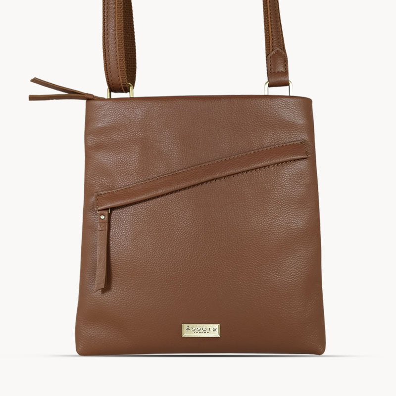 'FLORENCE' Tan Pebble Grain Leather Crossbody Sling Bag