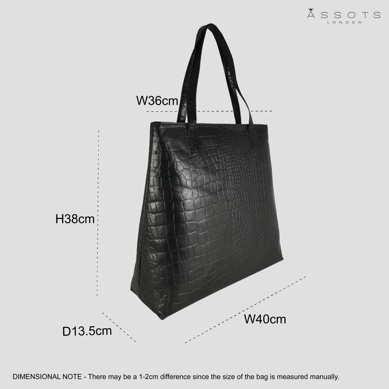 'FREYA' Black Semi Structured Unlined Croc Leather Tote Bag