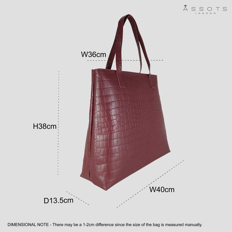 'FREYA' Burgundy Semi Structured Unlined Croc Leather Tote Bag