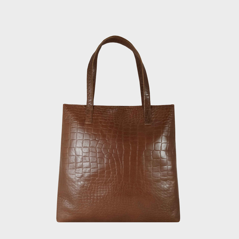 'FREYA' Tan Semi Structured Unlined Croc Leather Tote Bag