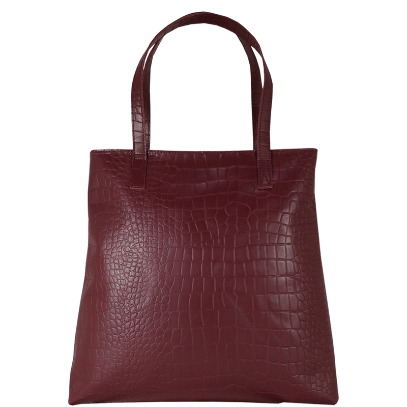'FREYA' Burgundy Semi Structured Unlined Croc Leather Tote Bag
