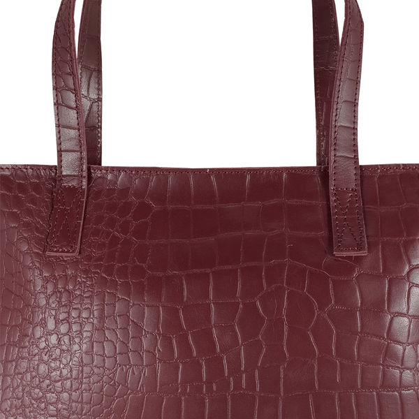 'FREYA' Burgundy Semi Structured Unlined Croc Leather Tote Bag