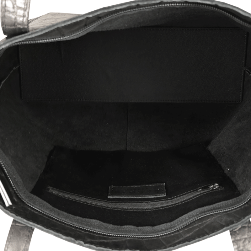 'FREYA' Black Semi Structured Unlined Croc Leather Tote Bag