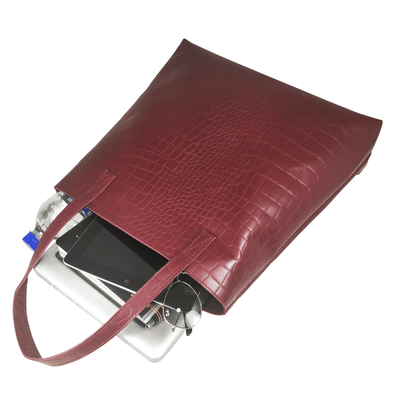 'FREYA' Burgundy Semi Structured Unlined Croc Leather Tote Bag