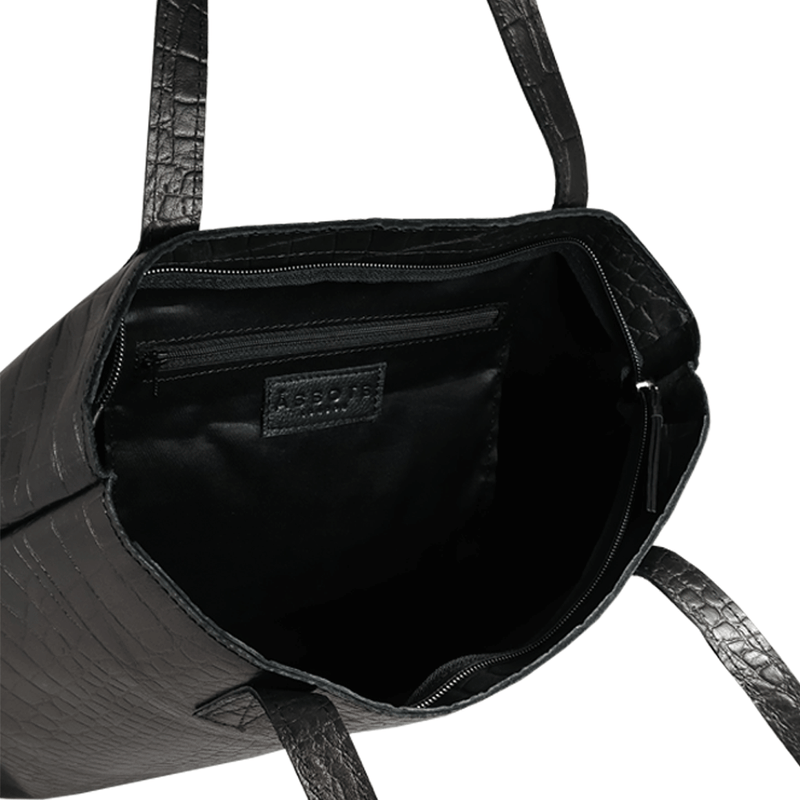 'FREYA' Black Semi Structured Unlined Croc Leather Tote Bag