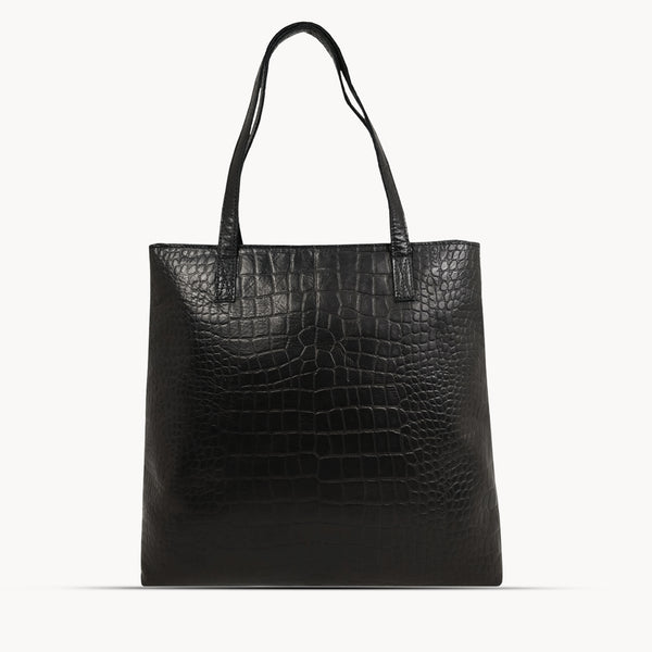 'FREYA' Black Semi Structured Unlined Croc Leather Tote Bag