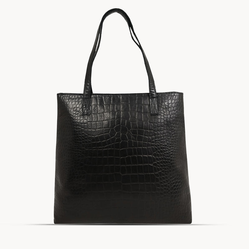 'FREYA' Black Semi Structured Unlined Croc Leather Tote Bag