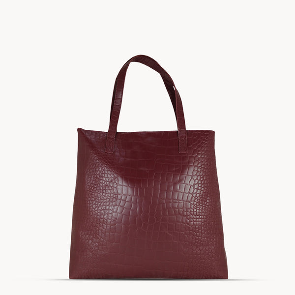 'FREYA' Burgundy Semi Structured Unlined Croc Leather Tote Bag