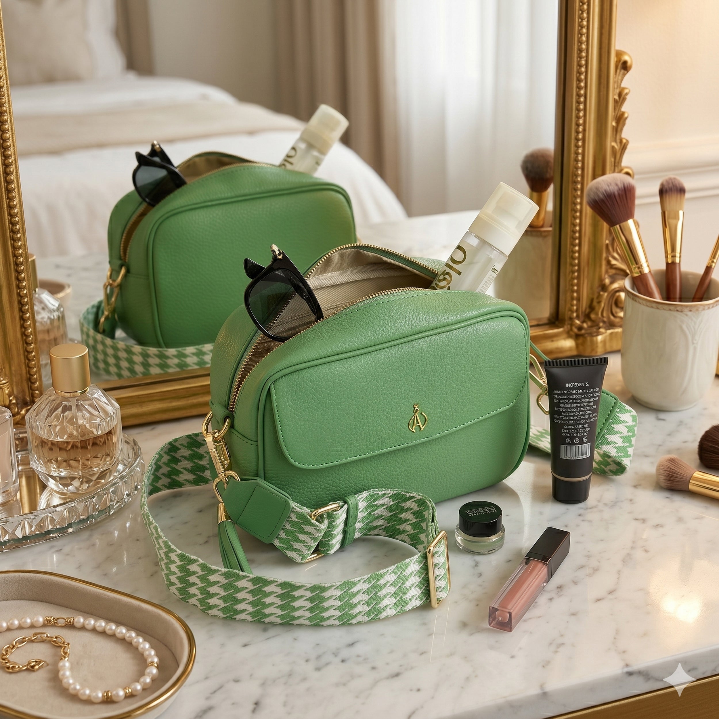 'HACKNEY' Matcha Green Pebble Grain Real Leather Crossbody Bag