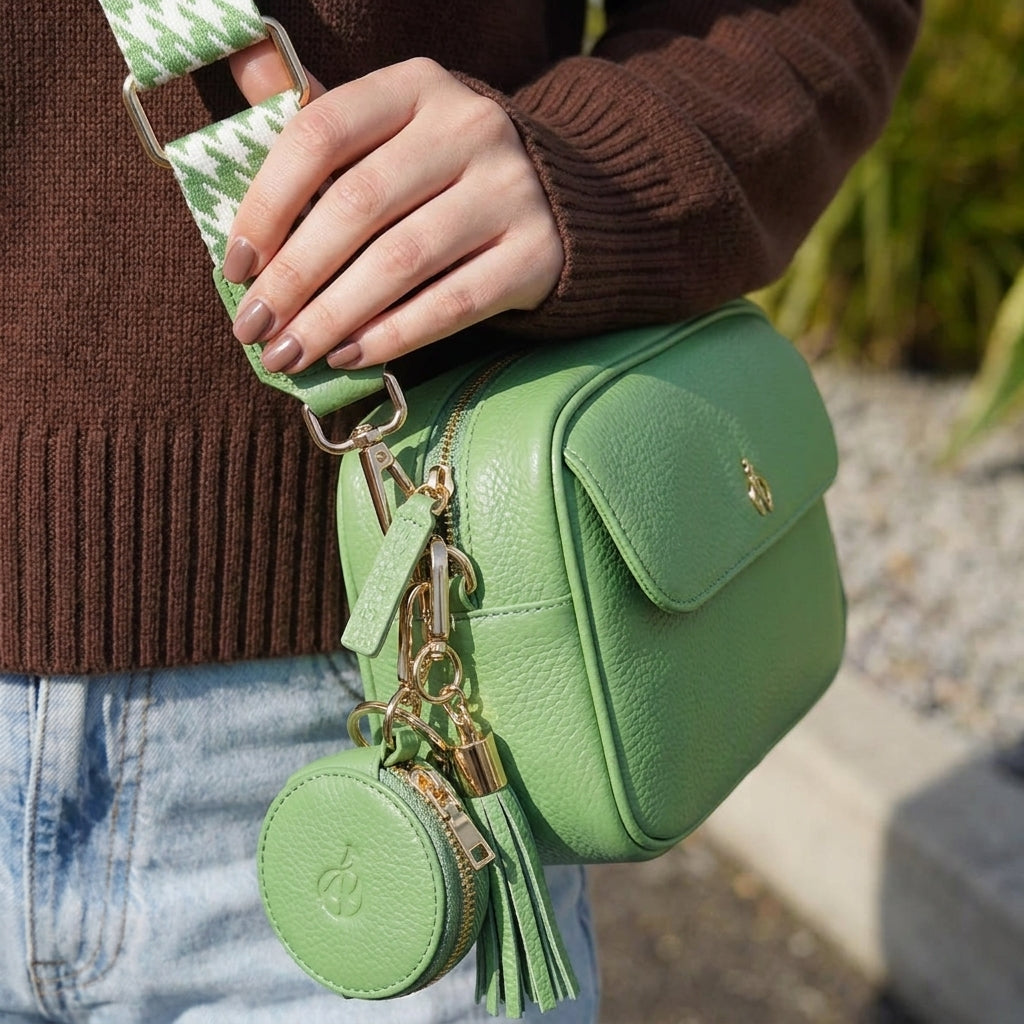 'HACKNEY' Matcha Green Pebble Grain Real Leather Crossbody Bag