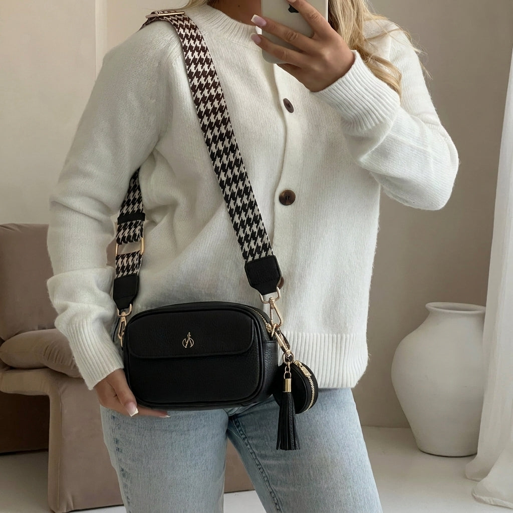'HACKNEY MINI' Black Pebble Grain Real Leather Crossbody Bag